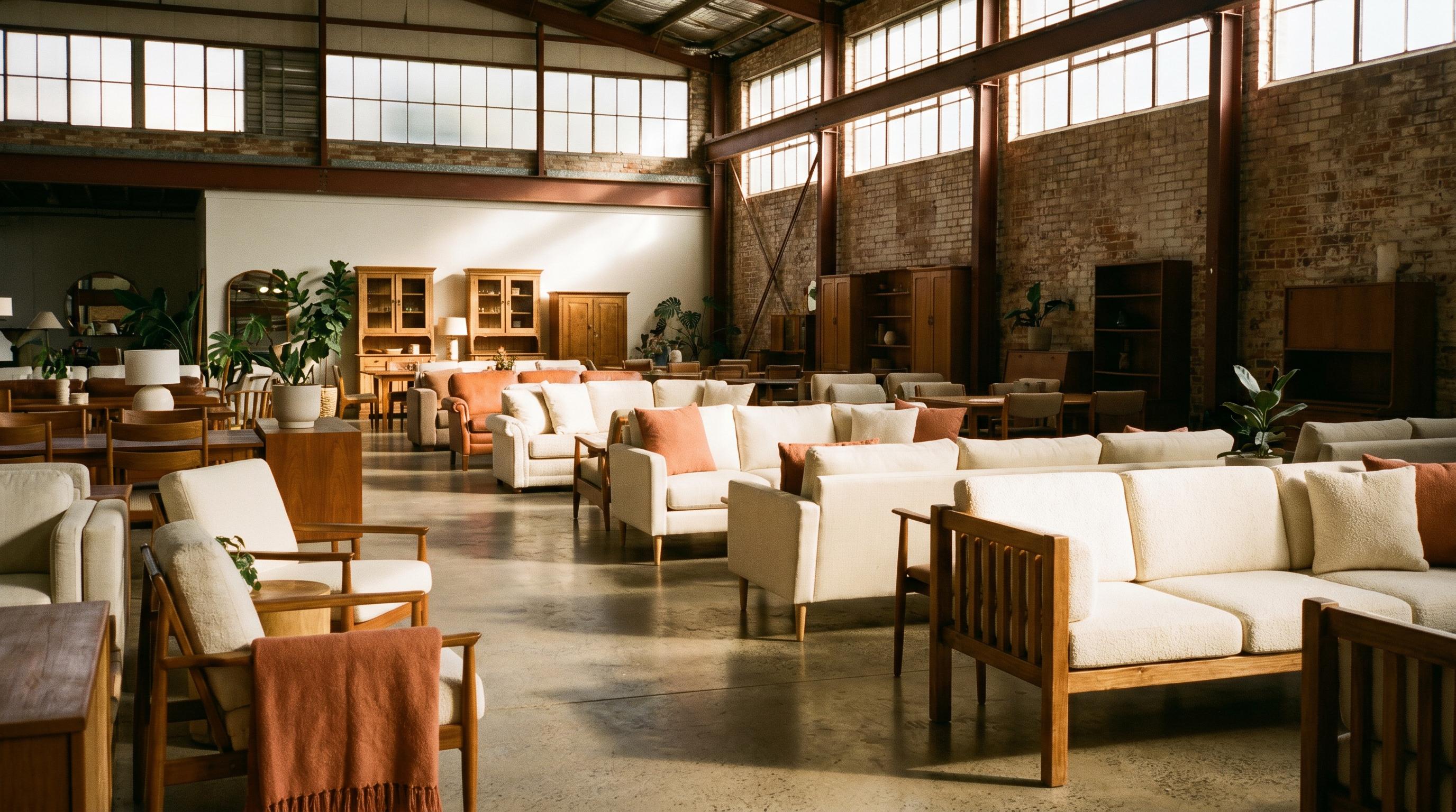 A bright warehouse showroom filled with curated secondhand sofas, armchairs and wooden furniture
